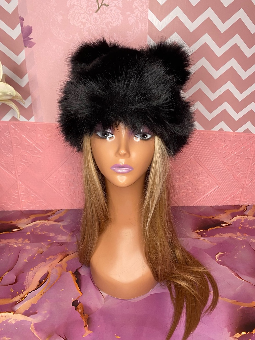 🎀🌷 Black Faux Fur Bear Ears Winter Hat 🌷🎀 NWT